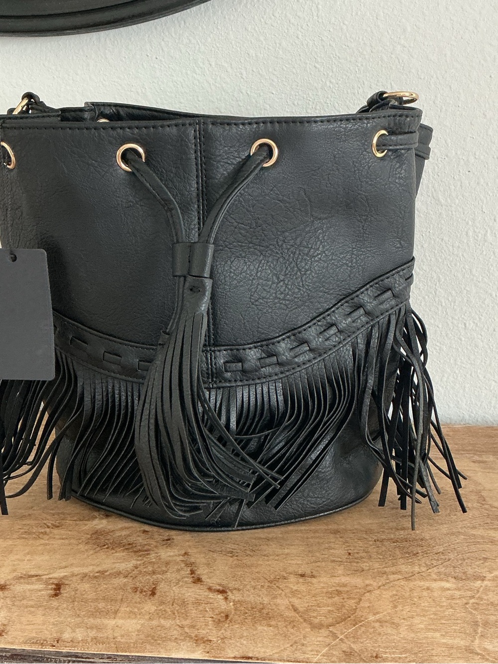Black Fringe Drawstring Bucket Bag - Women
